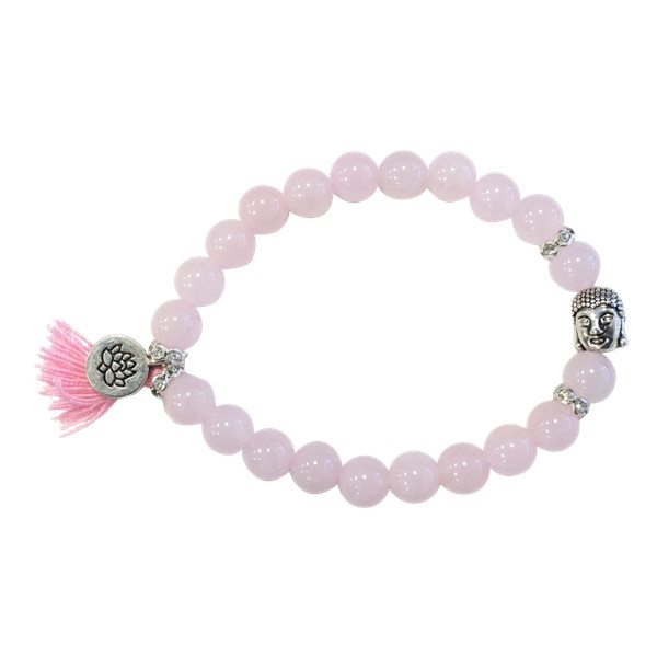 Bracelet Quartz Rose Perles rondes 8 mm Pompon et Lotus