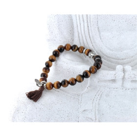 Bracelet Oeil de Tigre Perles rondes 8 mm Pompon et Lotus