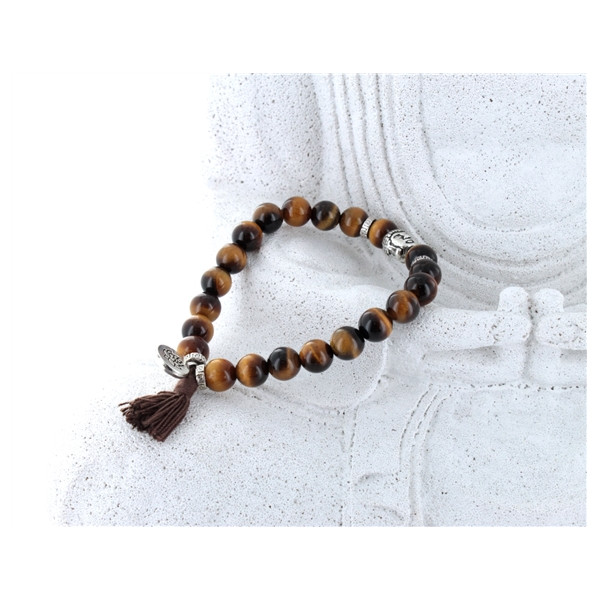 Bracelet Oeil de Tigre Perles rondes 8 mm Pompon et Lotus