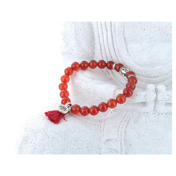 Bracelet Cornaline Perles rondes 8 mm Pompon et Lotus