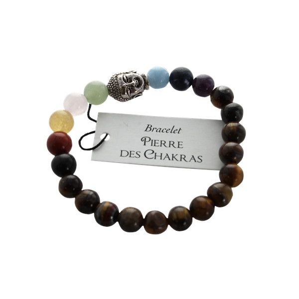 Bracelet 7 Chakras Oeil de tigre Perles rondes 8 mm Bouddha