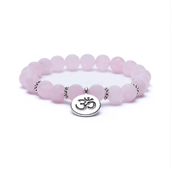 Mala /bracelet en quartz rose élastique avec Om -- 0.8 cm