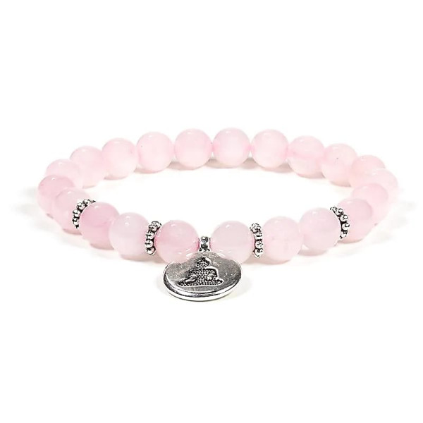 Mala / bracelet quartz rose élastique avec Bouddha -- 0.8cm