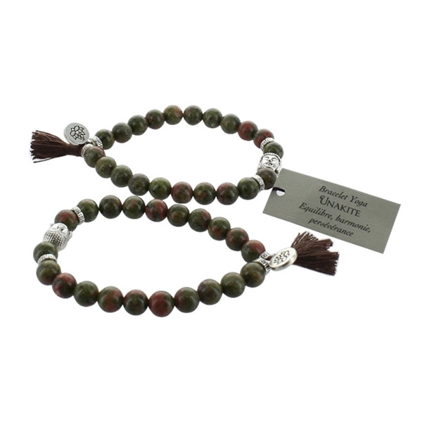 Bracelet Unakite Perles rondes 8 mm Pompon et Lotus