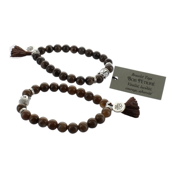 Bracelet Bois Pétrifié Perles rondes 8 mm Pompon et Lotus