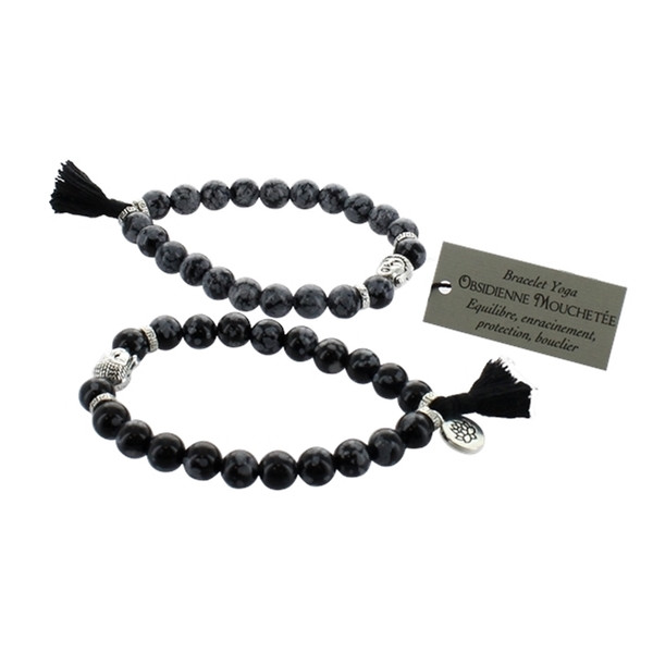 Bracelet Obsidienne Mouchetée Perles rondes 8 mm Pompon et Lotus