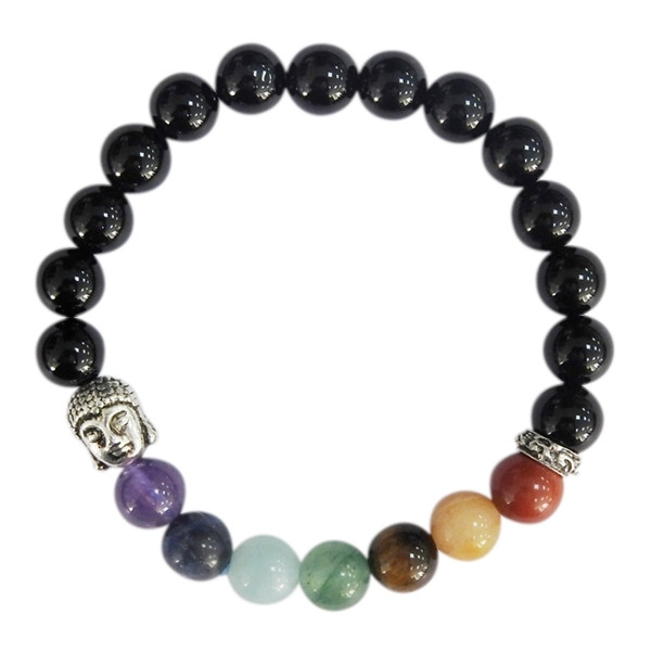 Bracelet 7 Chakras Onyx noir Perles rondes 8 mm Bouddha