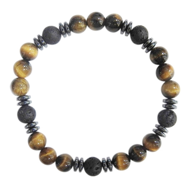 Bracelet H Oeil de tigre et Pierre de lave Perles rondes 8 mm