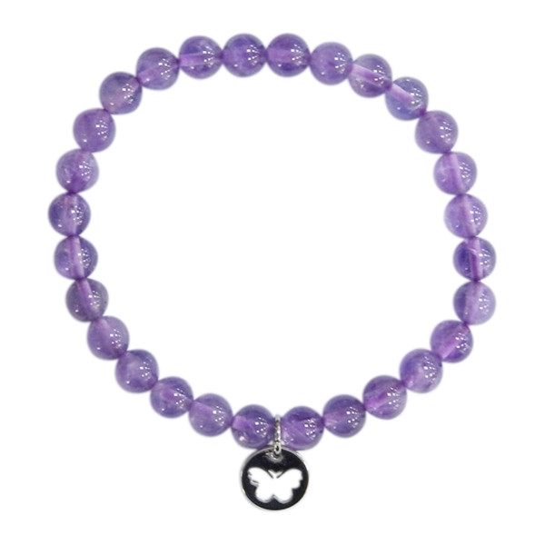 Bracelet Améthyste Perles rondes 6 mm Breloque papillon