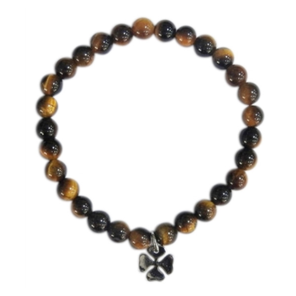 Bracelet Oeil de tigre Perles rondes 6 mm Breloque trèfle