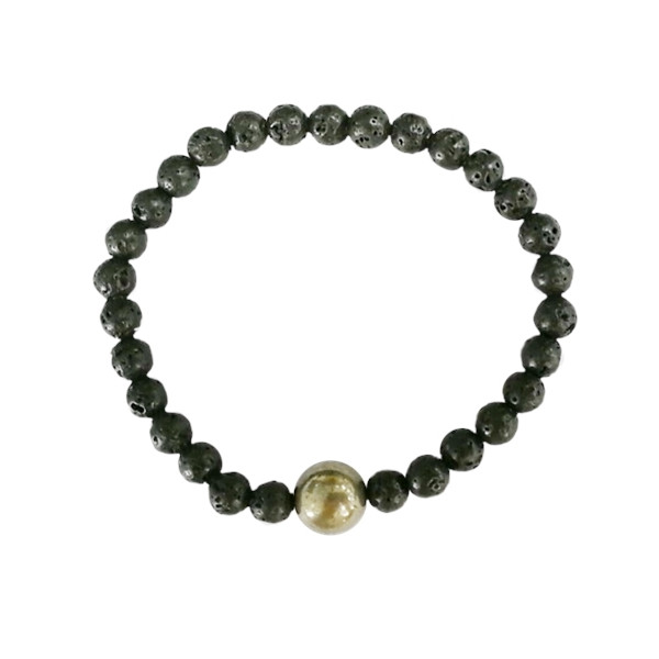 Bracelet Pierre de lave Perles rondes 6 mm et Perle unique Pyrite 1 cm