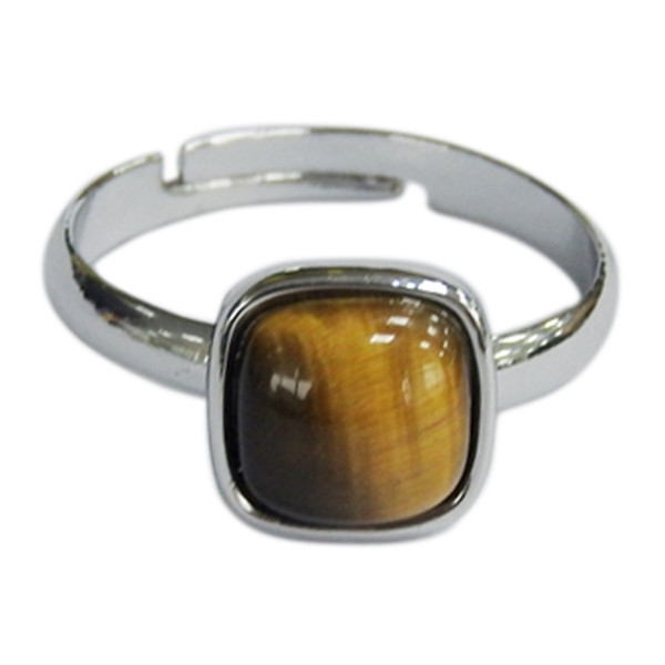 Bague Oeil de Tigre Carrée Bombée Métal argenté Ajustable