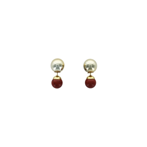 Boucles d'oreilles Jaspe Rouge Boules Réversibles Métal Doré