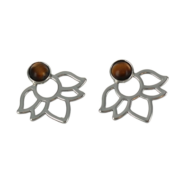Boucles d'oreilles Oeil de Tigre Perle et Lotus Métal argenté
