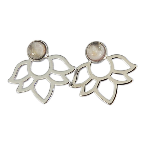 Boucles d'oreilles Quartz Rose Perle et Lotus Métal argenté