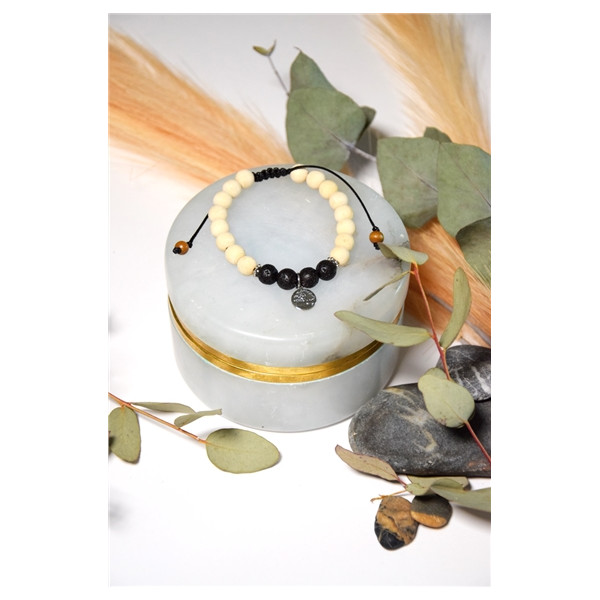 Bracelet Pierre de Lave Bois de Tulsi Perles rondes 8 mm Arbre de vie