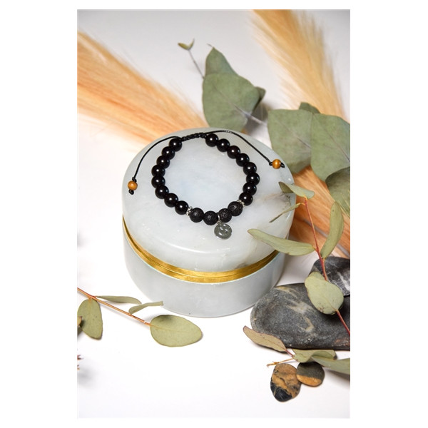 Bracelet Pierre de Lave Bois d'Ebène Perles rondes 8 mm Lune et Etoile