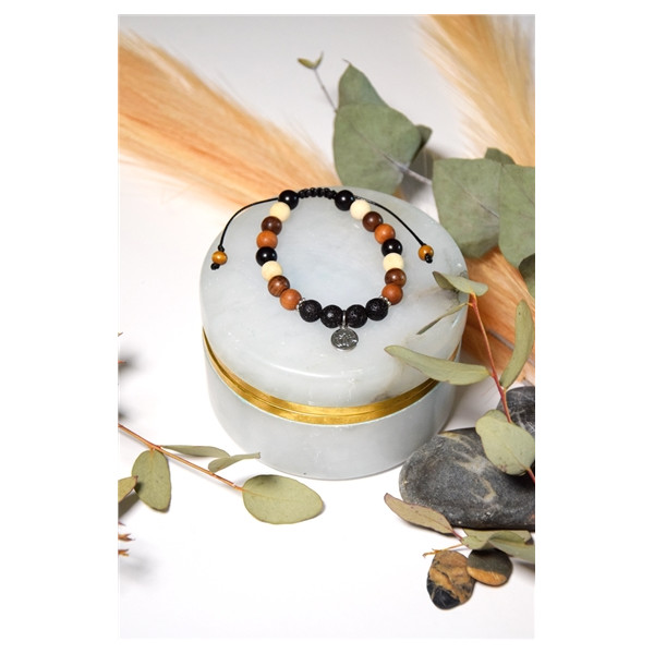 Bracelet Pierre de Lave Mix Bois Perles Rondes 8 mm Lotus