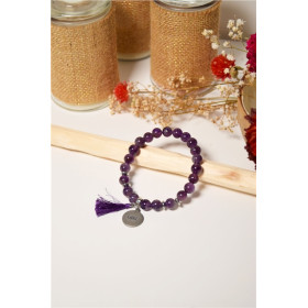 Bracelet Améthyste Perles rondes 8 mm Pompon Breloque Karma