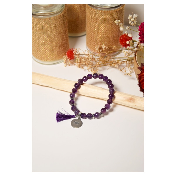 Bracelet Améthyste Perles rondes 8 mm Pompon Breloque Karma