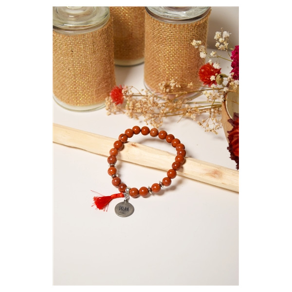 Bracelet Jaspe rouge Perles rondes 8 mm Pompon Breloque Dream