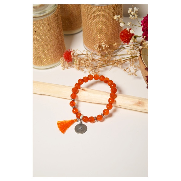 Bracelet Cornaline Perles rondes 8 mm Pompon Breloque Zen