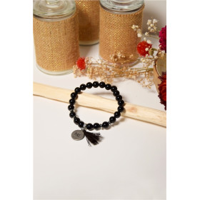 Bracelet Obsidienne Noire Perles rondes 8 mm Pompon Breloque Peace