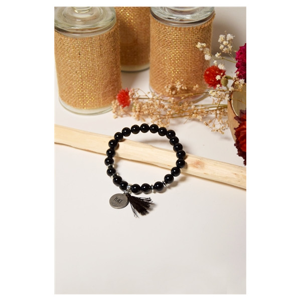 Bracelet Obsidienne Noire Perles rondes 8 mm Pompon Breloque Peace