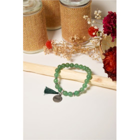 Bracelet Aventurine Verte Perles rondes 8 mm Pompon Breloque Namaste