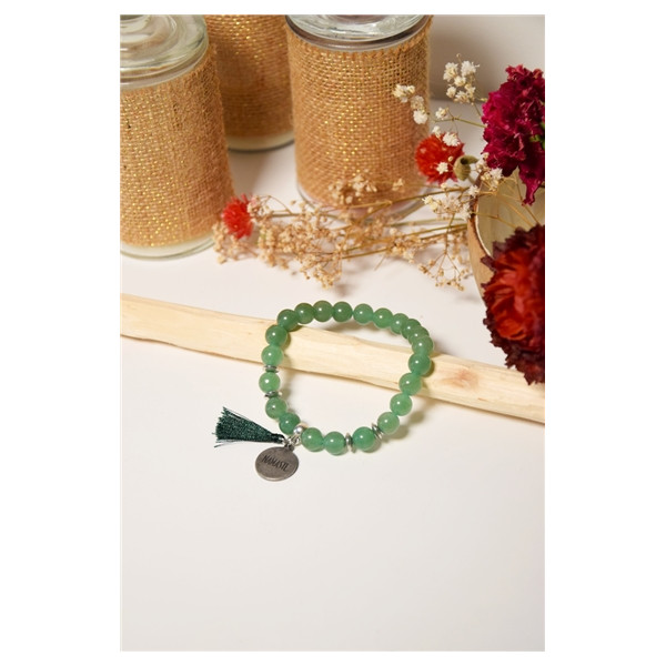 Bracelet Aventurine Verte Perles rondes 8 mm Pompon Breloque Namaste
