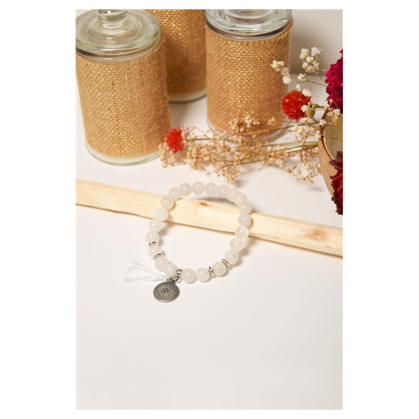 Bracelet Cristal de Roche Perles rondes 8 mm Pompon Breloque Love