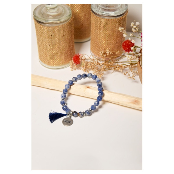 Bracelet Sodalite Perles rondes 8 mm Pompon Breloque Gratitude
