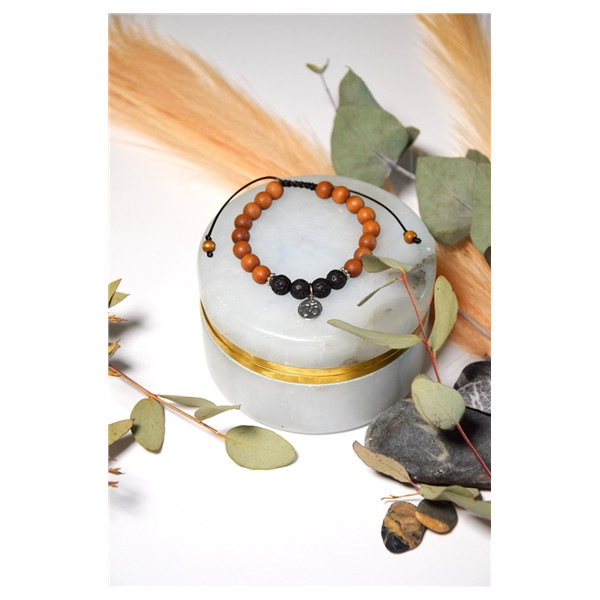 Bracelet Pierre de Lave Bois de Santal Perles rondes 8 mm Om