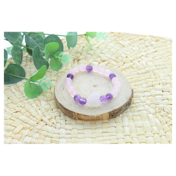 Bracelet Quartz Rose Améthyste Perles rondes 8 mm Perle coeur 15 mm