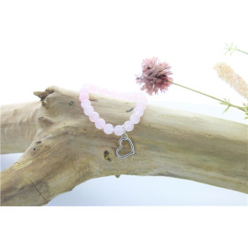 Bracelet Quartz Rose Perles rondes 8 mm et Breloque Coeur