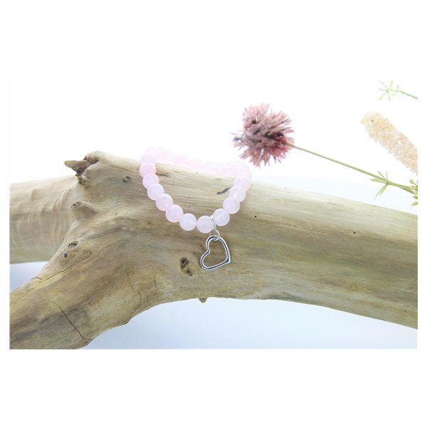Bracelet Quartz Rose Perles rondes 8 mm et Breloque Coeur