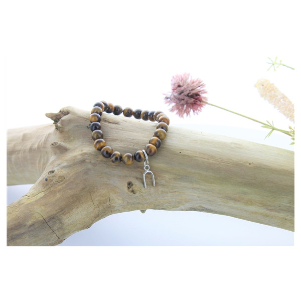 Bracelet Oeil de tigre Perles rondes 8 mm et Breloque Fer à cheval