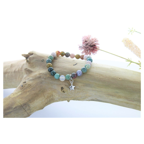 Bracelet Agate Multicolore Perles rondes 8 mm et Breloque Étoile