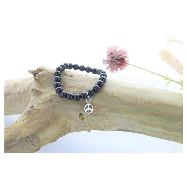 Bracelet Onyx Perles rondes 8 mm et Breloque Paix