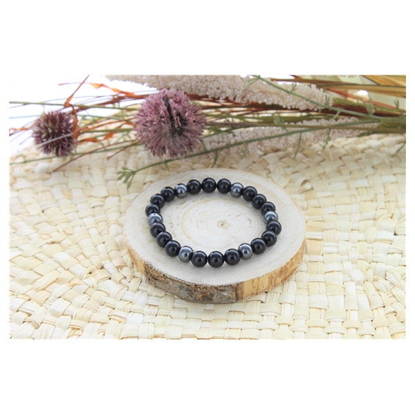 Bracelet Onyx et Hématite Perles rondes 8 mm