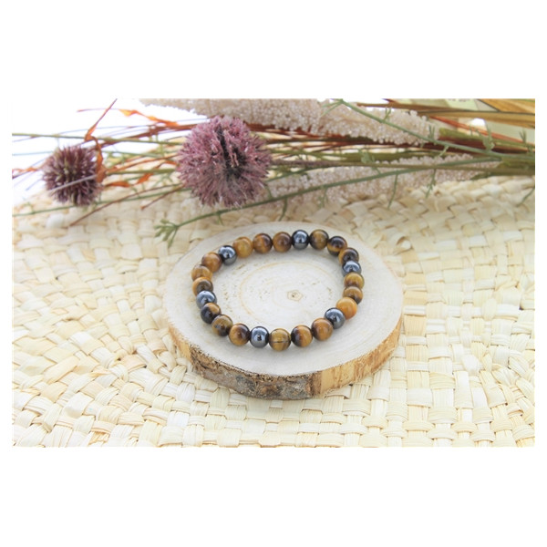 Bracelet Oeil de Tigre et Hématite Perles rondes 8 mm