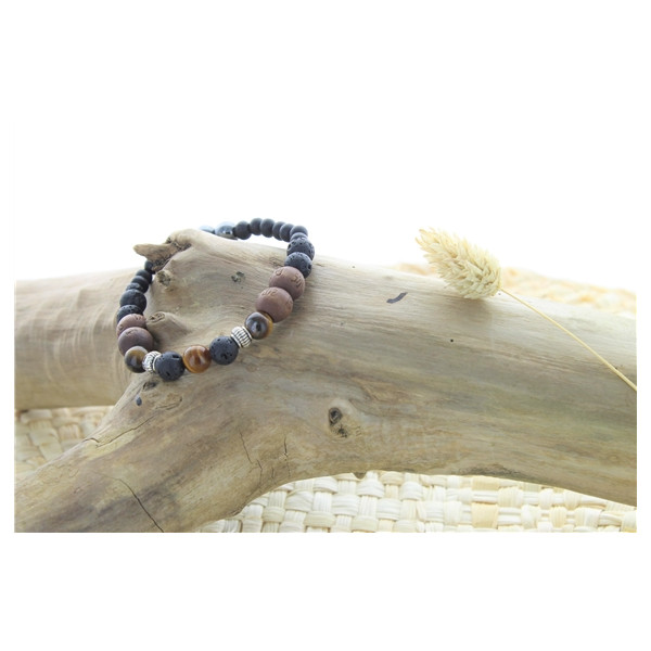 Bracelet Pierre de lave, Bois, Oeil de Tigre, Hématite Perles rondes