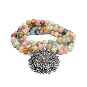 Mala Quartz rose/ Amazonite/ Rhodonite + lotus -- 0.8cm