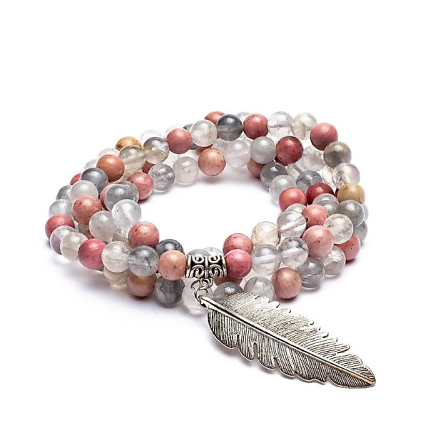 Mala Rhodonite/ Quartz gris + plume -- 0.8cm