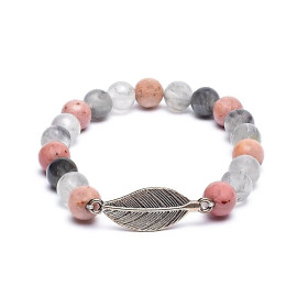 Mala/bracelet Rhodonite/ Quartz gris + plume -- 0.8 cm