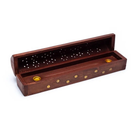 Emballé par 2, BoÃ®te brÃ»le encens en bois sculpté fleurs -- 30 cm