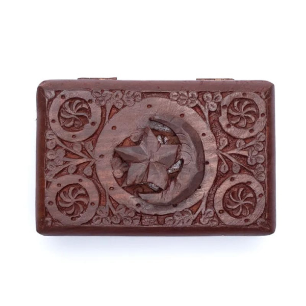 Boîte tarots étoile et lune bois sculpté -- 15x10 cm