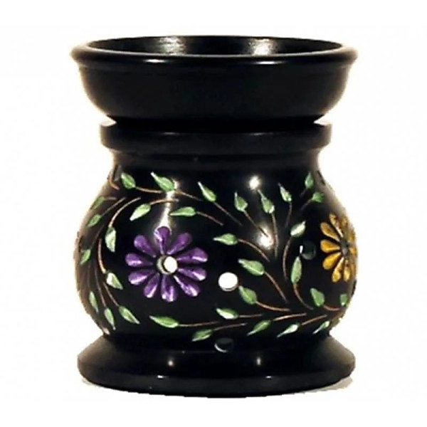 Brûle-parfum - Fleurs - en pierre à savon noire -- 10x8 cm