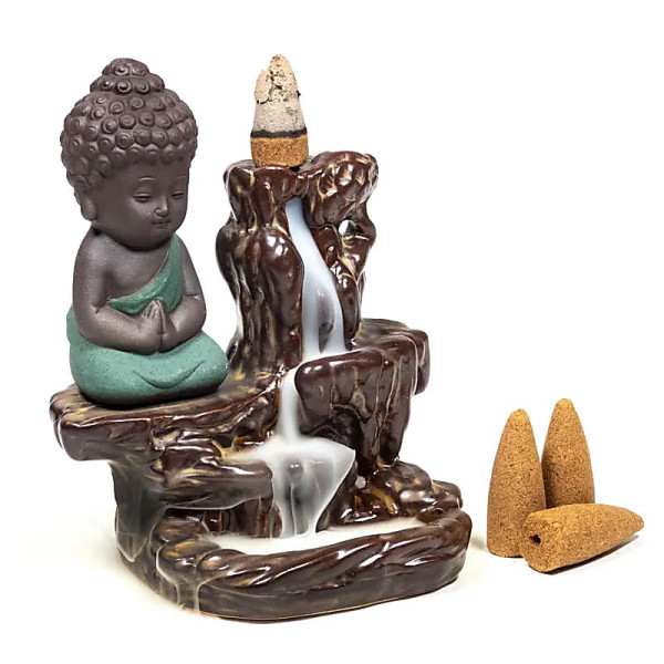Brûleur d'encens à refoulement petit Bouddha -- 12x9x7 cm