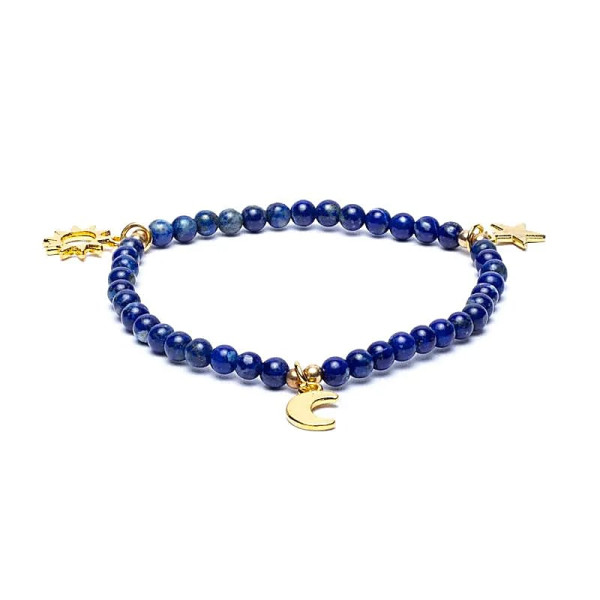 Bracelet élastique lapis breloque étoile/lune/soleil perles 4mm